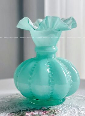 新中式古典薄荷绿色润玉感芬顿瓜形纯手工玻璃花瓶插花器家居摆件