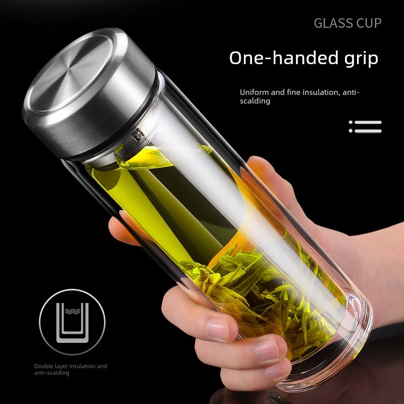 钢化杯500ml,耐摔,高温硼硅双I层玻璃保护套,男士茶杯