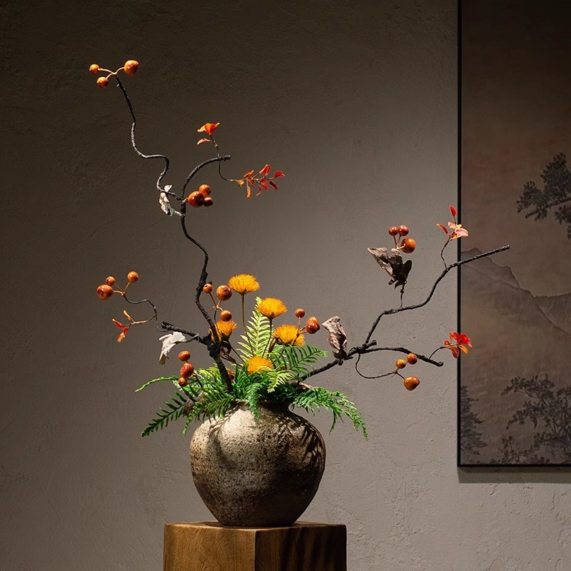 新中式禅意覆古粗l陶花瓶插花花艺酒店玄关软装家居软装装饰品摆