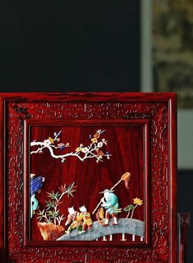 小叶紫檀镶嵌百宝渔翁童子乐插屏家居商务办公室田园风光饰品台屏