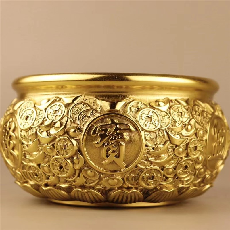 黄铜招财聚宝盆摆件铜钱元u宝客厅财位玄关办公室公开业收银台中