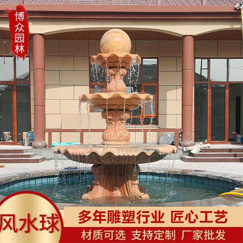 花岗岩石雕流水喷泉广场欧式水钵黄锈石喷泉景观雕塑