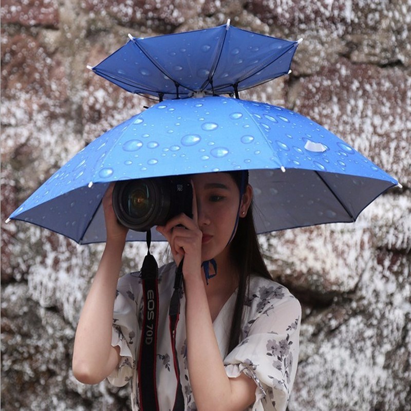 双层防风防雨钓鱼伞帽头戴式雨伞防晒折叠头顶雨伞帽户外遮阳垂钓
