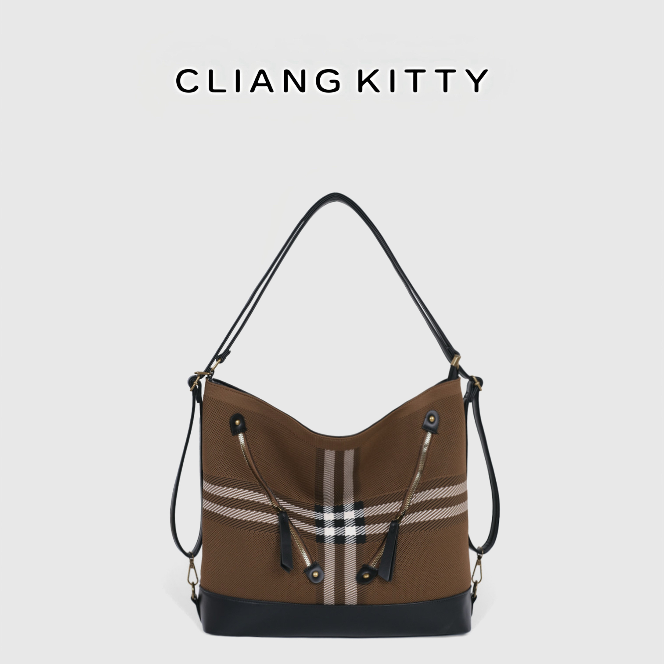 CLIANG KITTY格纹托特包女2025新款大容量复古单肩包休闲双肩背包