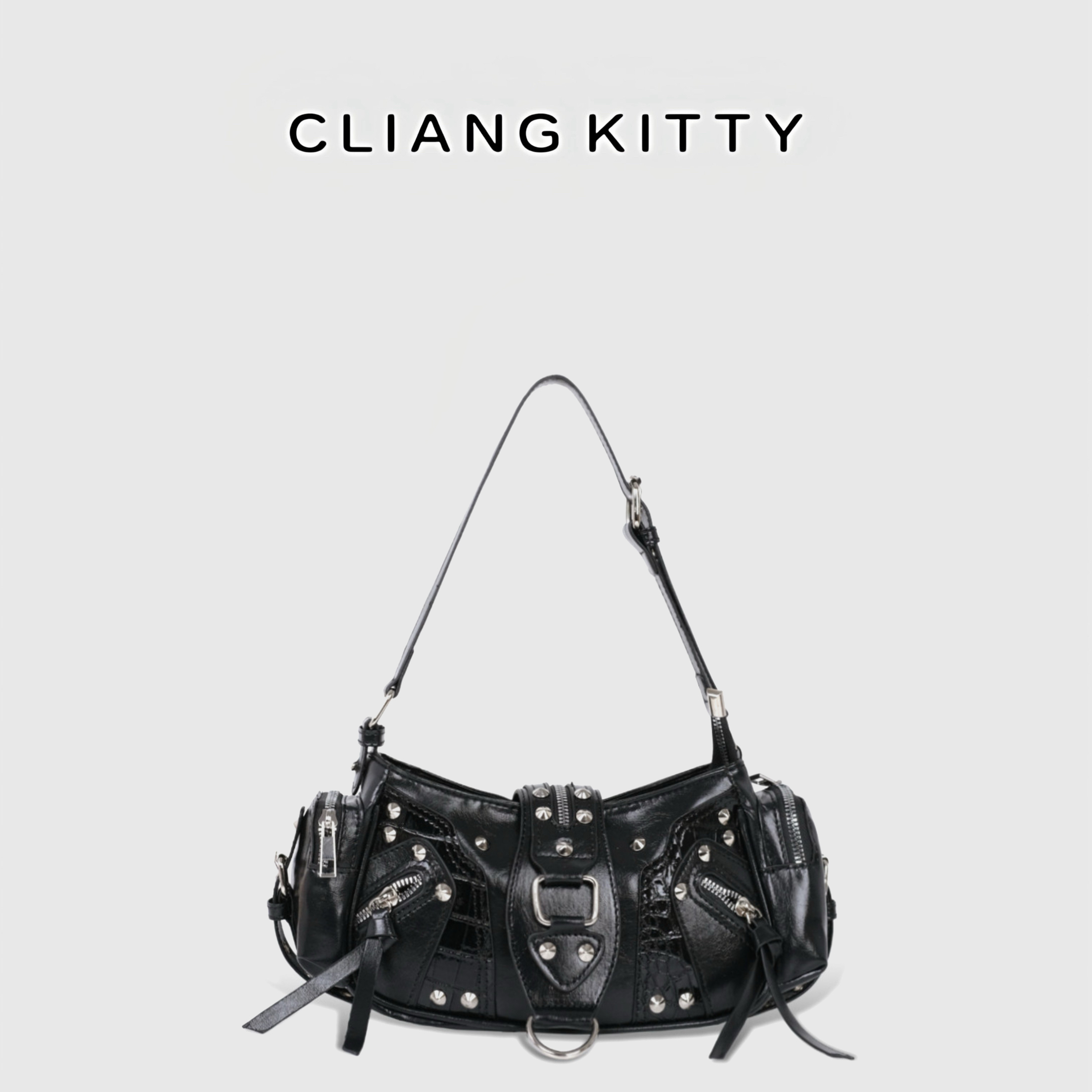 CLIANG KITTY复古通勤机车包黑色油蜡皮铆钉单肩包甜酷辣妹腋下包
