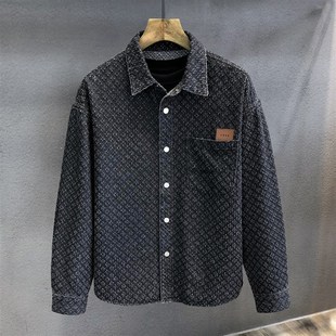复古长袖 猫抓勾花设计感高街潮牌牛仔衬衫 美式 春秋季 衬衣外套 男士