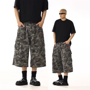 复古水洗迷彩牛仔短裤 直筒中裤 夏季 男女宽松阔腿休闲工装 新款 美式