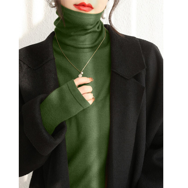 墨绿色高领针织打底衫女秋冬配大衣的内搭毛衣高级堆堆领修身上衣
