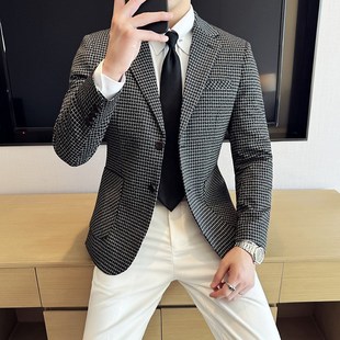 韩版 男士 时尚 外套修身 潮流帅气商务休闲西服上衣便西男 格子花西装