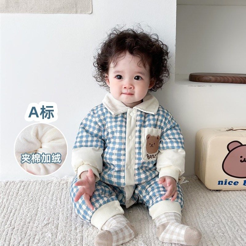 新生婴儿夹棉衣服男宝宝秋冬装连体一岁超萌外出0加绒3个月6冬季5