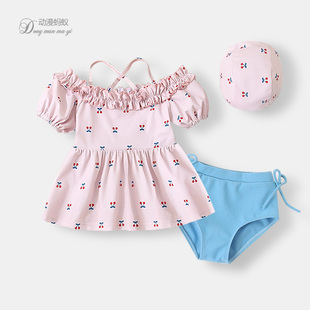 甜美3 分体套装 6岁5儿童游泳衣速干 碎花吊带女孩泳装 女童泳衣夏季