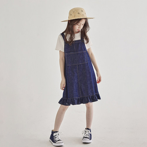 女童装2023夏季小女孩牛仔背带裙日常儿童荷叶裙摆纯色吊带连衣裙