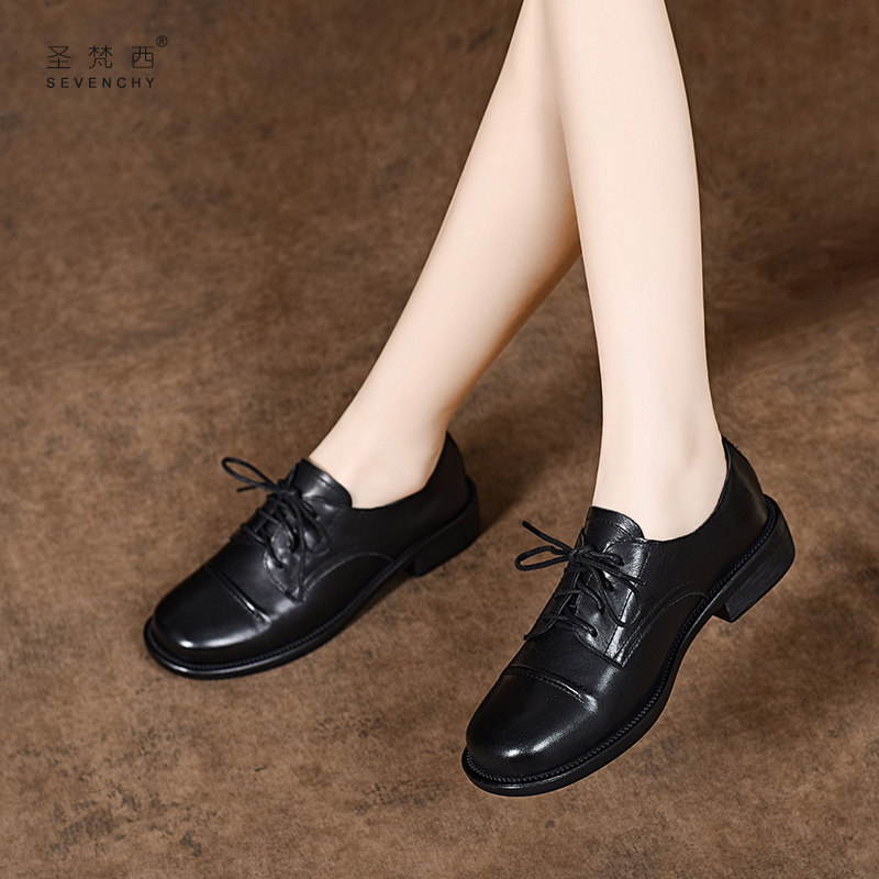 2025新款春秋款英伦风女鞋软皮系带平底单鞋女软底黑色真皮小皮鞋,女鞋,深口单鞋,淘宝优惠券,粉丝福利购,淘宝优惠卷