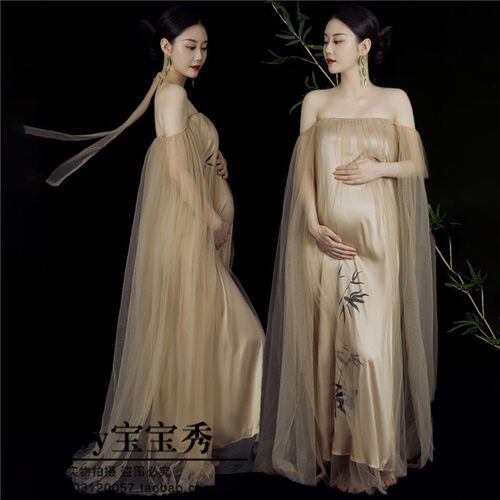 影楼孕妇拍照新款复古优雅气质水墨画抹胸裙中式改良一字肩服装