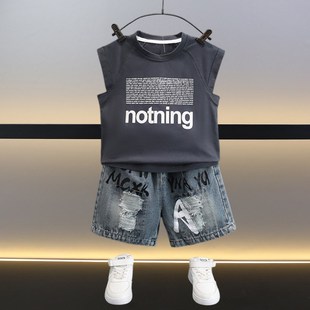 儿童帅气时髦潮砍袖 2024新款 男童无袖 短裤 小男孩背心套装 夏装 夏季