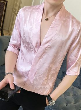 夏季花衬衫5分短袖男宽松韩版无领7分袖衬衣发型师服装夜场男装潮