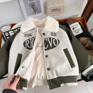 上衣 儿童撞色皮衣夹克潮酷小男孩时尚 男童一体绒外套冬季 2024韩版