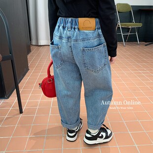 女童男童宽松老爹直筒牛仔裤 洋气贴皮标休闲裤 2023春秋季 儿童韩版