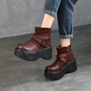 小个子9cm厚底坡跟复古休闲短靴女款 拼接皮带扣真皮靴子2024新款