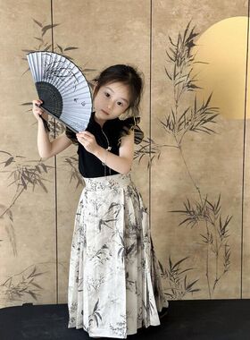 马面裙女童汉服连衣裙中国风24春夏装水墨画马面裙套装小女孩唐装