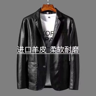 休闲皮夹克修身 西装 加绒外套 绵羊皮春秋皮衣商务秋冬中年男士 新款