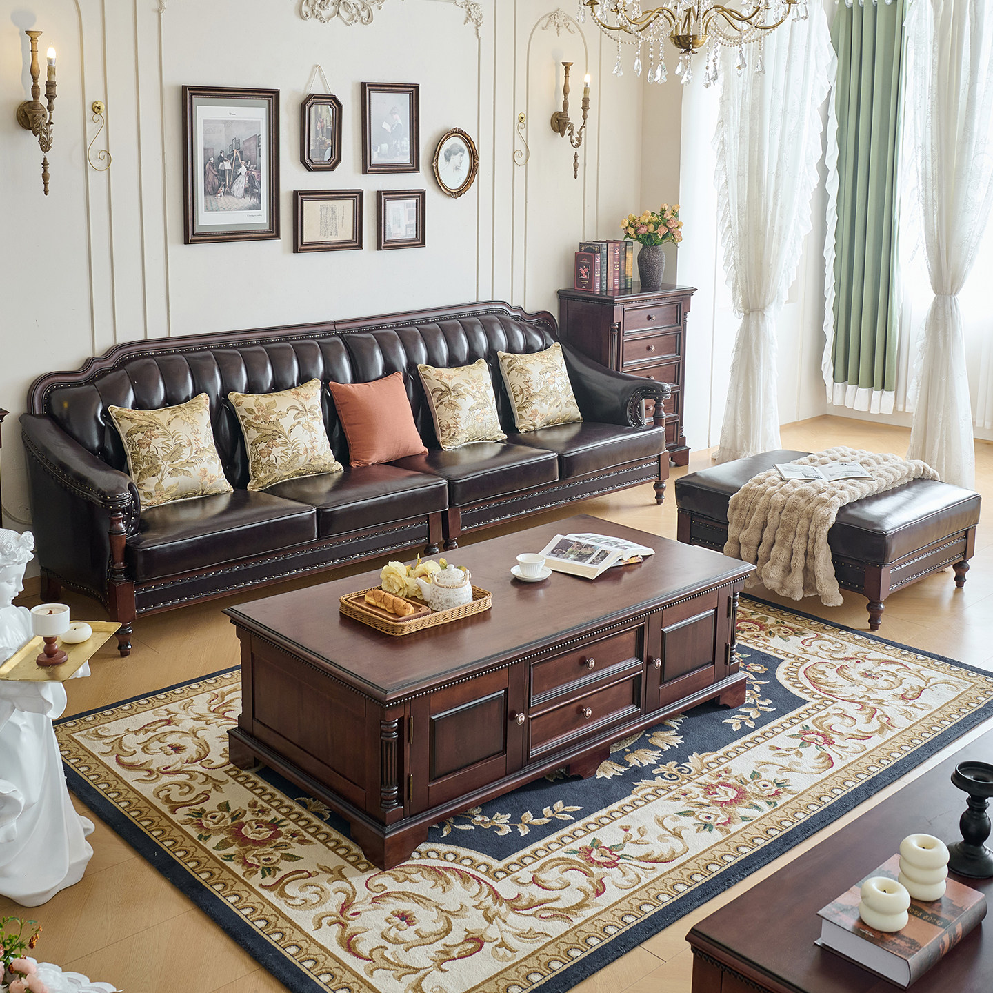 美式复古实木沙发胡桃木真皮中古风客厅家具贵妃位四人位套装沙发