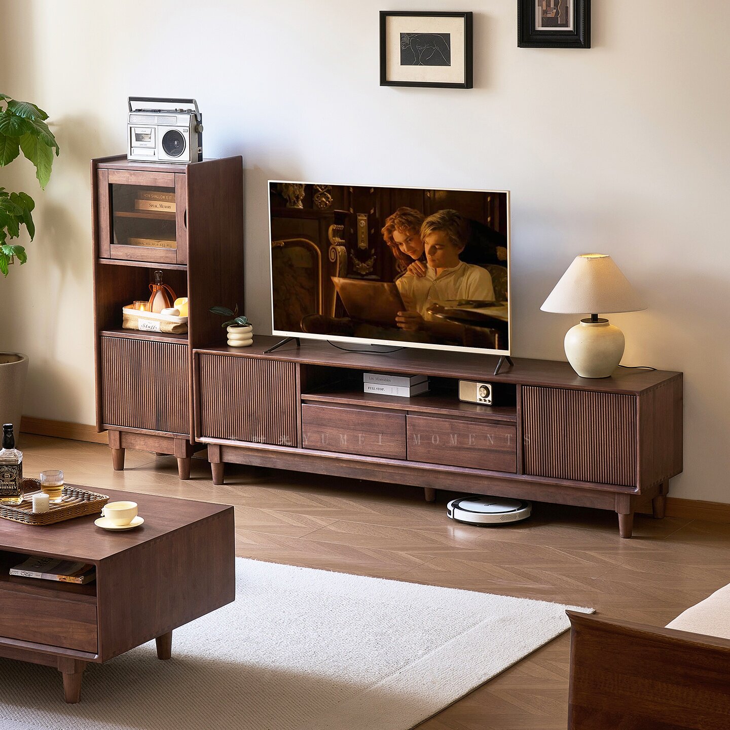 北美黑胡桃木电视柜中古风客厅收纳储物柜家用实木边柜茶几组合