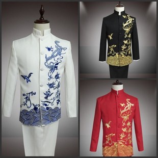 新款民族服装舞台表演服秀龙中山装主持歌手舞蹈乐队合唱演出服男