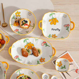 高颜值盘子菜盘家用陶瓷分餐盘网红创意餐具餐盘双耳鱼盘方盘深盘