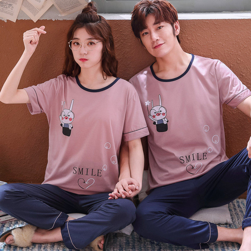 两套价情侣睡衣纯棉短袖长裤春夏季薄款男女士卡通运动家居服套装