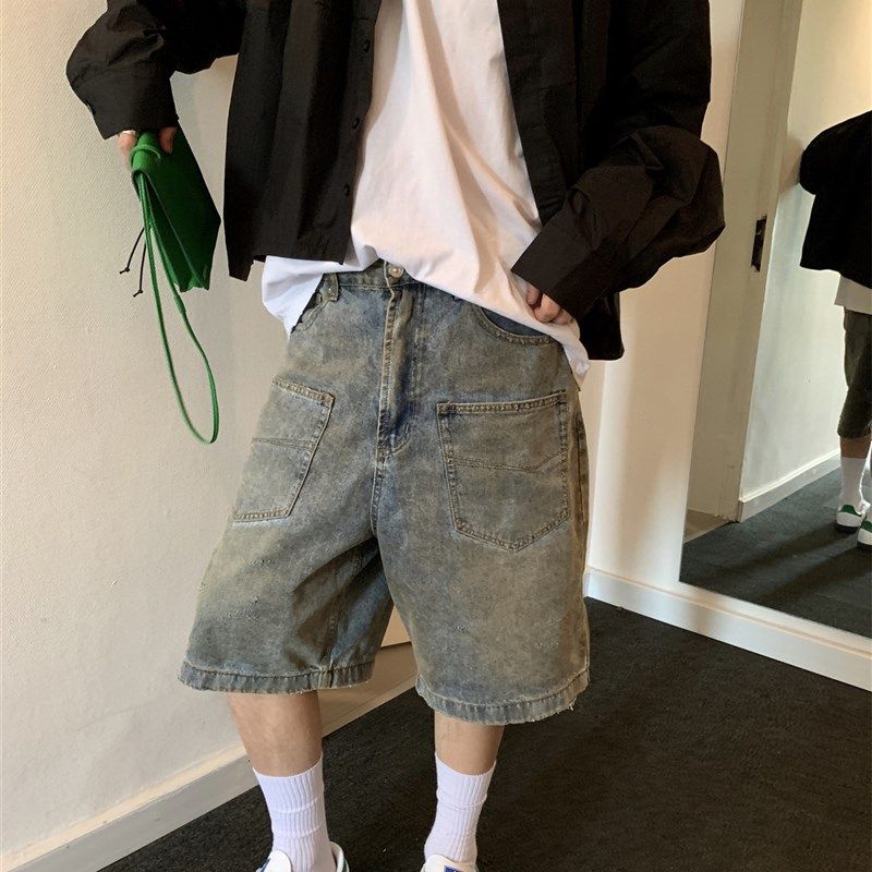 晨树 夏季复古水洗做旧牛仔短裤男 双口袋直筒宽松阔腿百搭五分裤,男装,短裤,淘宝优惠券,粉丝福利购,淘宝优惠卷
