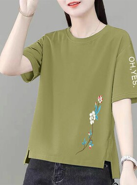 棉袖短恤t女装夏季时尚圆领印花韩版拼接宽松百搭洋气恤体上装潮