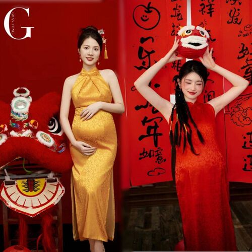 影楼新中式旗袍孕妇拍照服装复古修身新年孕妈艺术照写真摄影服装