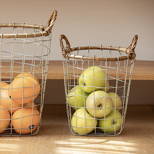 美式复古简约铁艺网格收纳篮藤条铁丝编织储物筐纯手工手提置物篮