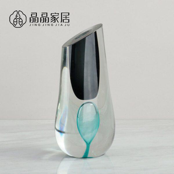 现代简约欧式水晶厚实黑色斜口玻璃花器样板房展厅玄关设计师推荐