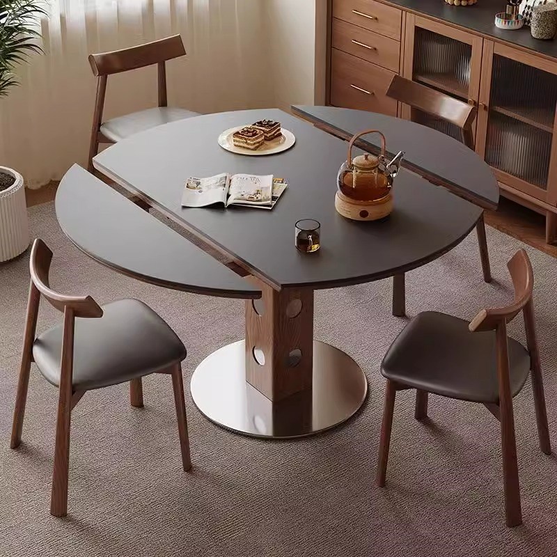 伸缩岩板餐桌f方圆两用法式复古折叠方变圆形小户型实木餐桌椅组
