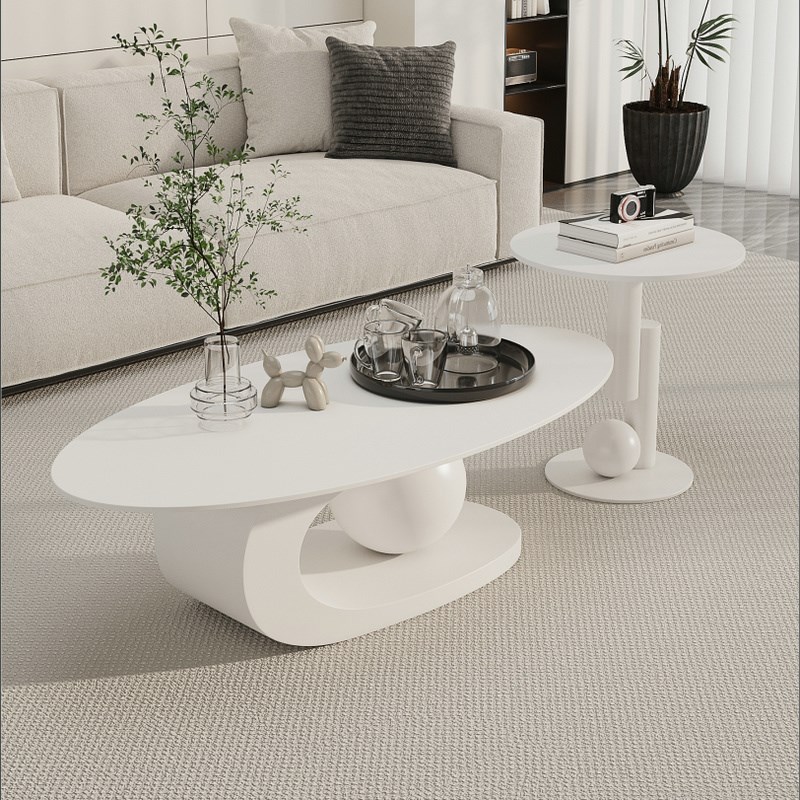 奶油风椭圆形岩i板茶几现代简约组合边几客厅家用高级感小户型茶
