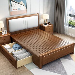 全实木床一米二抽屉储物1米小床儿童135cm宽气压1.5单人1.8双人床