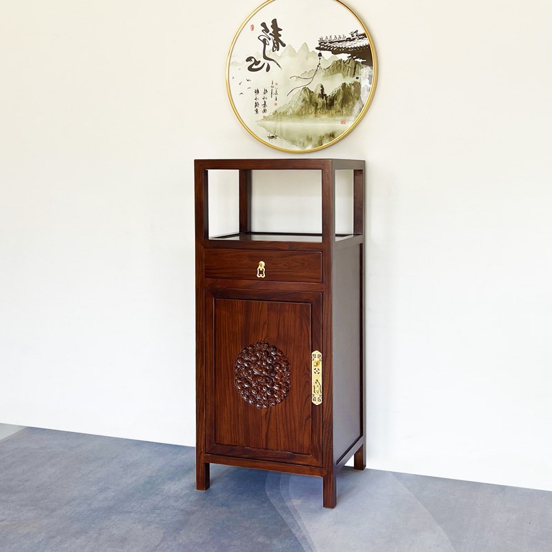 新中式角柜榆h木客厅小立柜单门储物柜全实木复古置物架雕花边柜