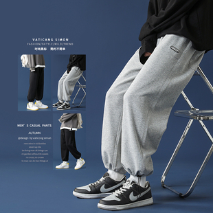 男直筒宽松运动裤 加绒潮流休闲长裤 秋冬款 子抽绳束脚裤 裤 灰色卫裤