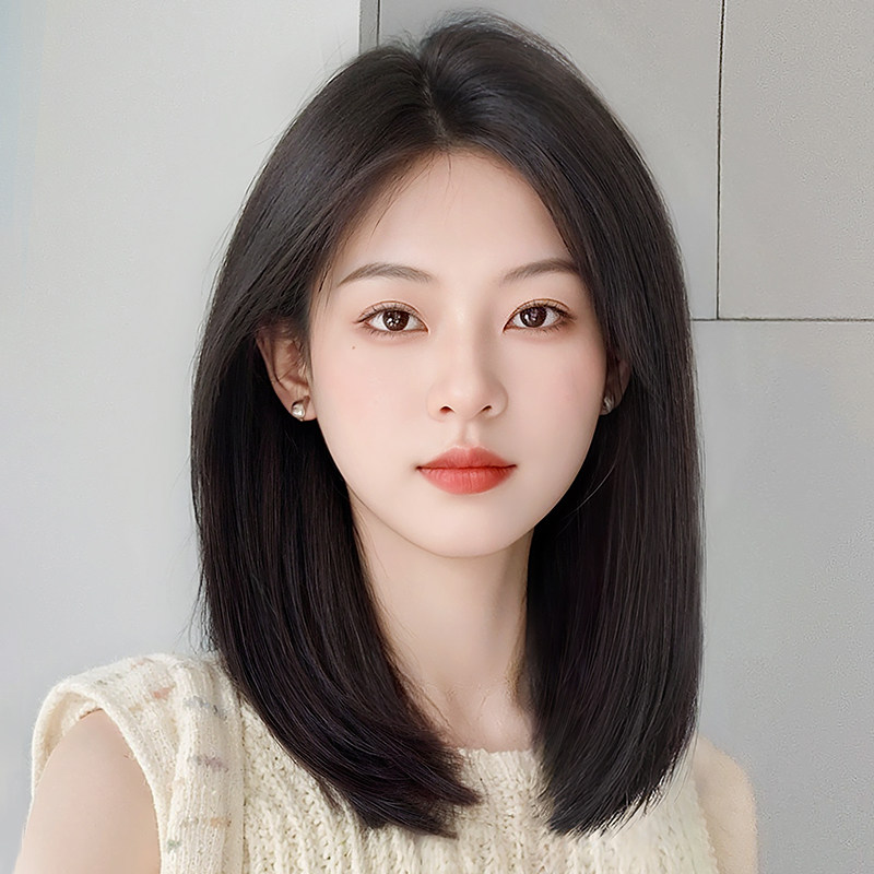 假发全头套女短发全真人发减龄自然左偏分真发锁骨新款整顶假发套
