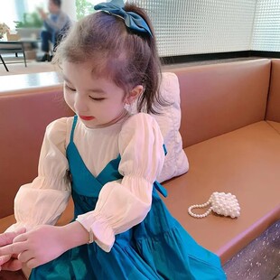 新款女童连衣裙洋气假两件套儿童春秋季装圆领长袖纯色公主裙韩版