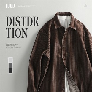 薄外套休闲简约磨毛绒条纹衬衣怀旧潮长袖 复古纯色衬衫 男装 LUUD