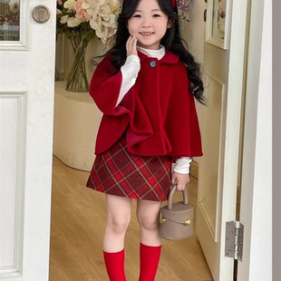 韩版女童2023秋冬新款圣诞新年红色毛呢斗篷外套女宝宝格纹半裙潮