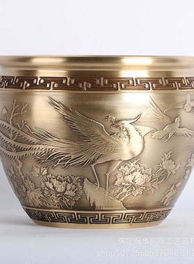 铜缸百鸟朝凤聚宝盆黄铜制作装饰品摆件家居办公工艺品摆件米缸