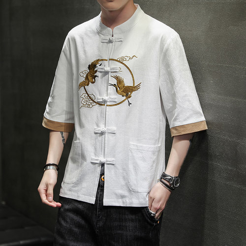 中式复古棉麻盘扣唐装衬衫夏季立领中山装短袖男汉服短袖茶服上衣