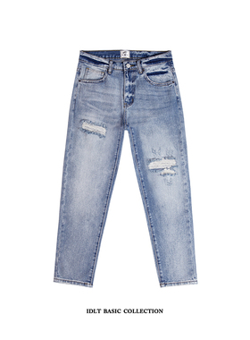 IDLT破洞牛仔裤  重水洗破洞浅蓝色  修身九分牛仔裤膝盖破洞