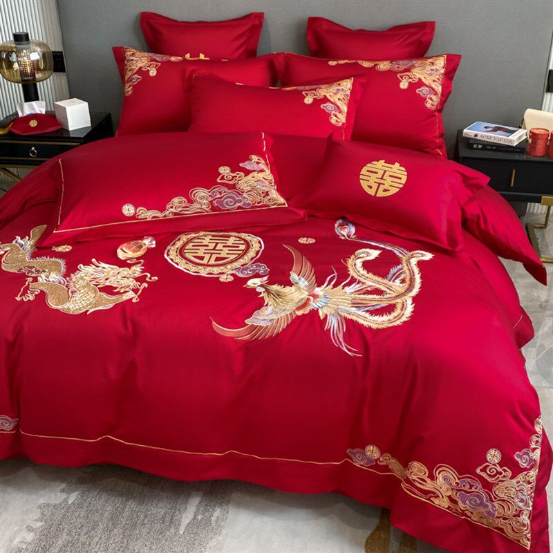 新款龙凤刺绣全棉结婚四件套大红色床单被套纯棉婚庆喜被床上用品