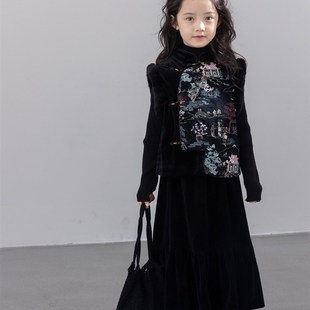 儿童拜年服夹棉背心马甲女童改良款中国风复古唐装亲子装丝绒长裙