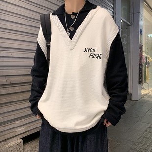 潮流学生帅气港风宽松针织衫 2021秋冬假两件毛衣男衬衫 领拼接韩版